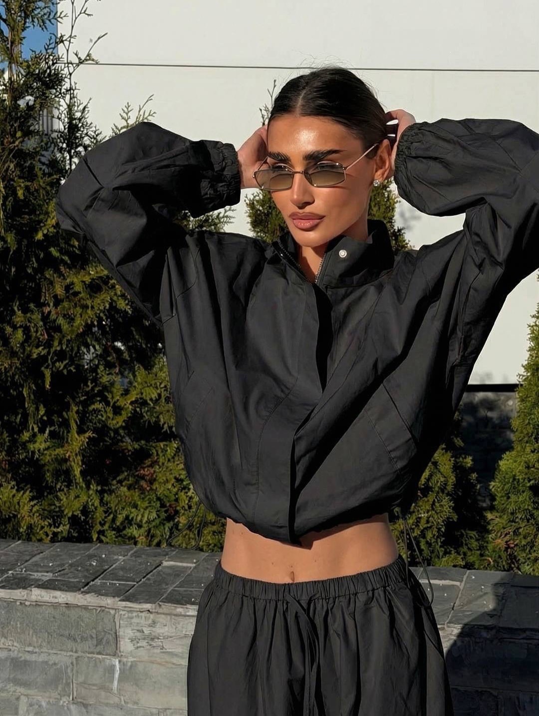 Women's Casual Tracksuit Set with Stand Collar Zip Cardigan and Wide-Leg Pants