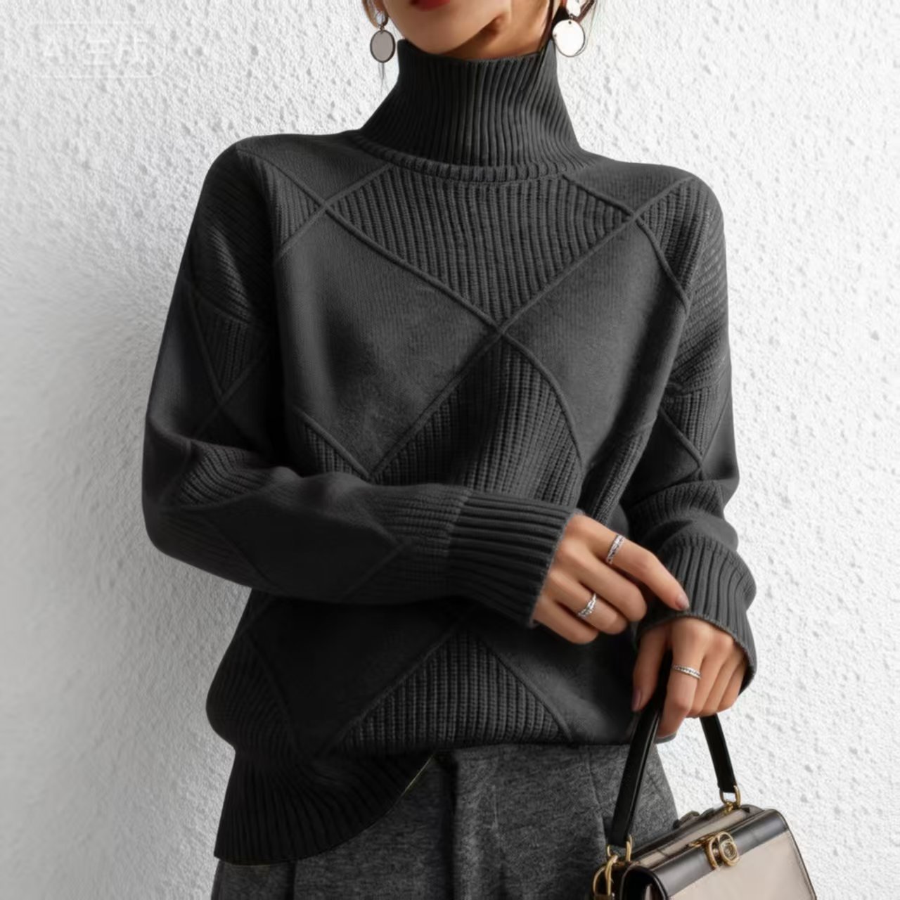 Diamond Quilted High Neck Pullover Sweater