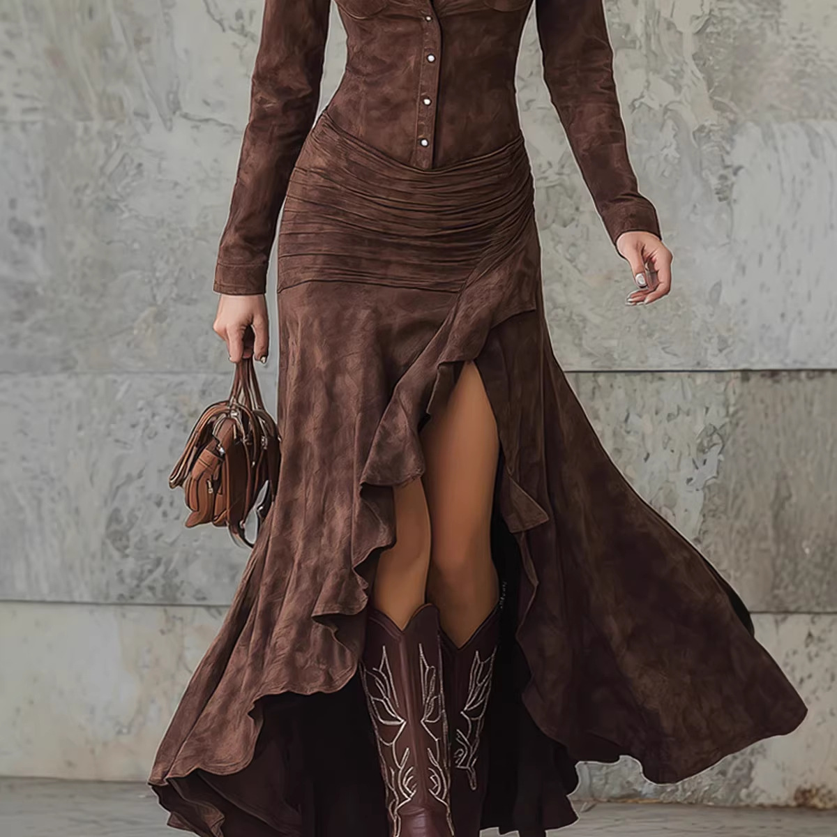 Suede Slim Fit Zip Stand Collar Slit Long Dress