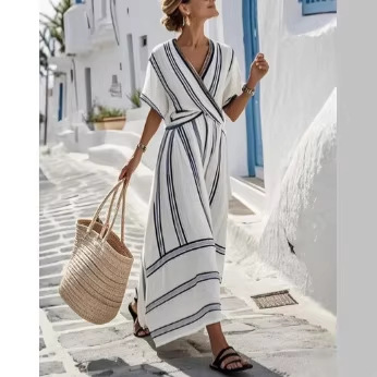 Striped V-Neck Ruched Sleeve A-Line Midi Dress