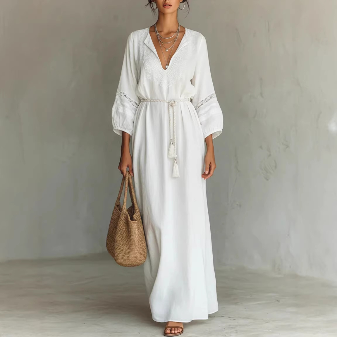Women's Loose Fit V-Neck Lace Midi Dress with Waist Tie