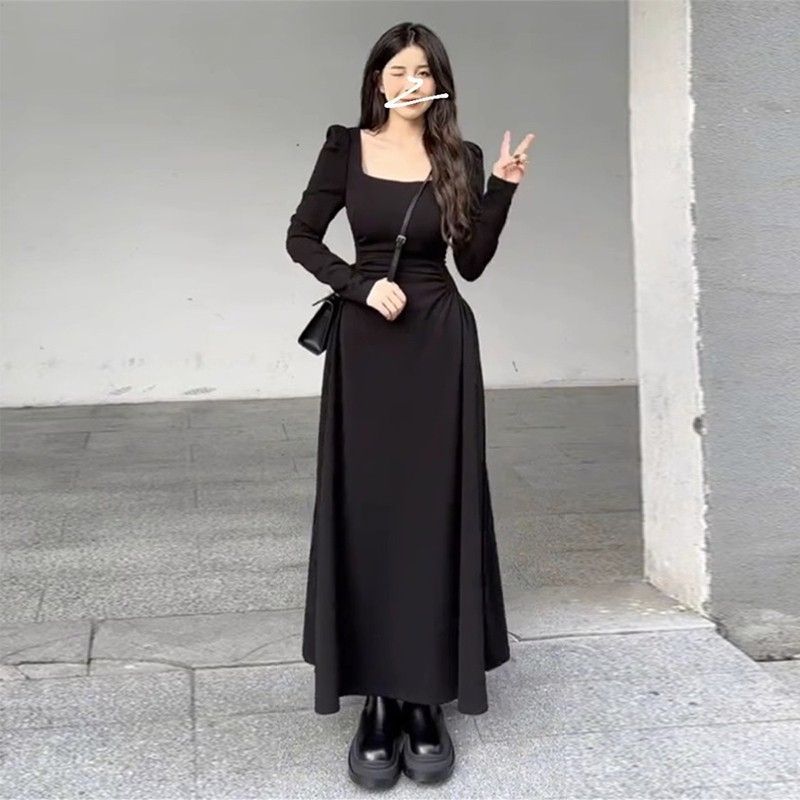 White Long Sleeve A-Line Midi Dress with U-Neck and Cinched Waist