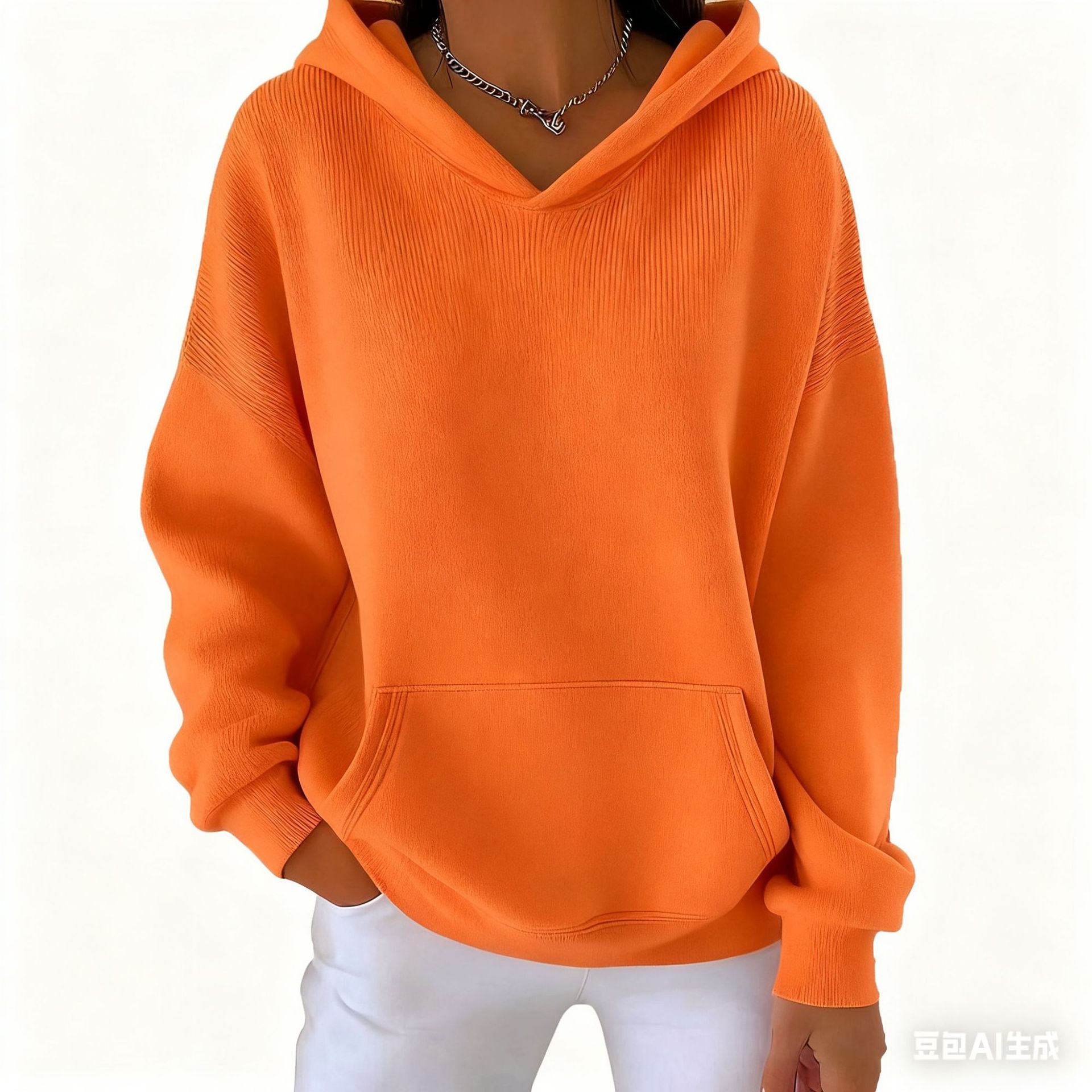 Women's Minimalist Solid Color Chunky Rib Knit Print Hoodie