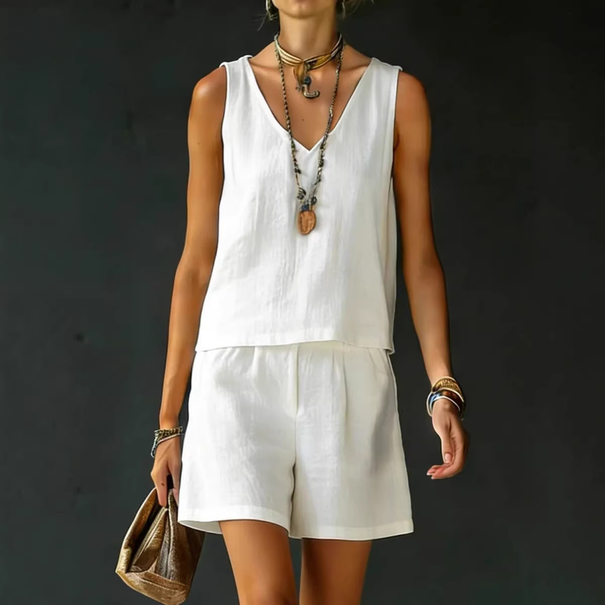Women's Cotton-Linen Sleeveless Tank and Shorts Set Casual Solid Color
