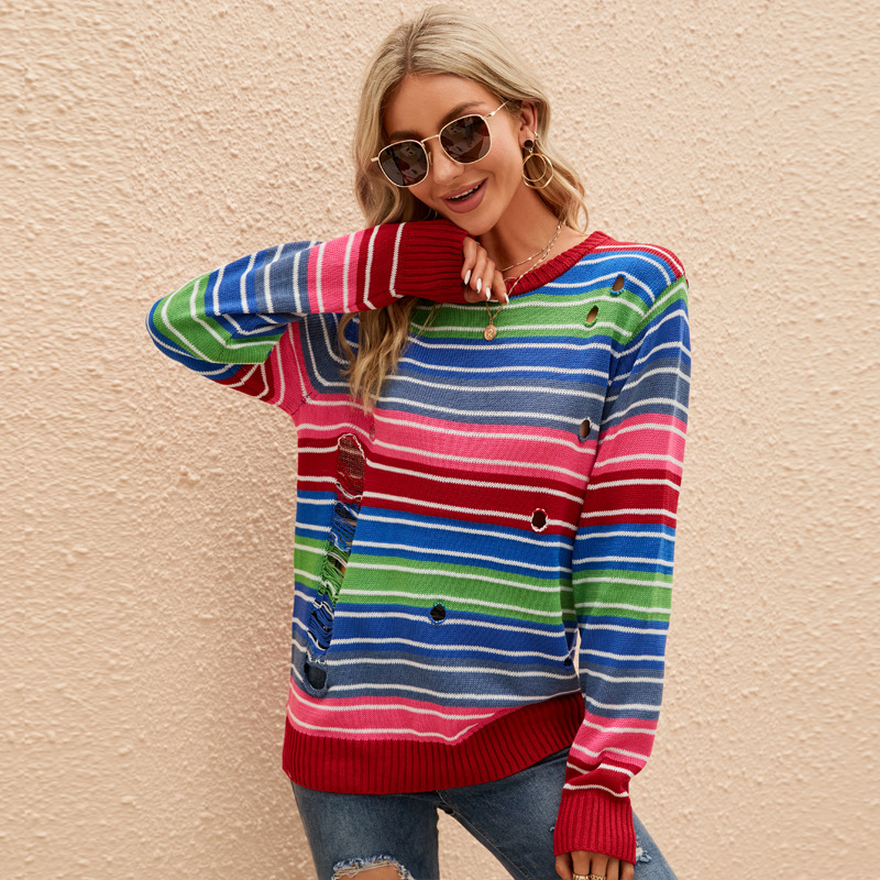 Colorful Striped Crewneck Knit Sweater with Ripped Contrast Details