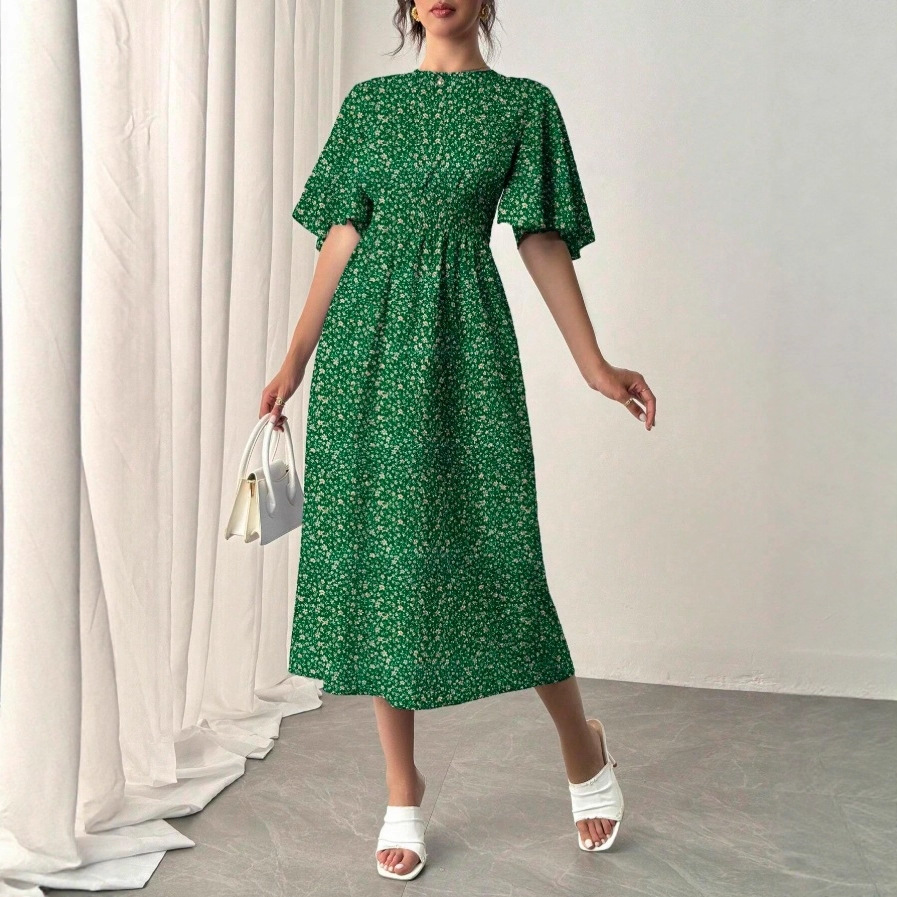 Women's Floral Pleated Midi Dress with Ruffle Sleeves and High Waist