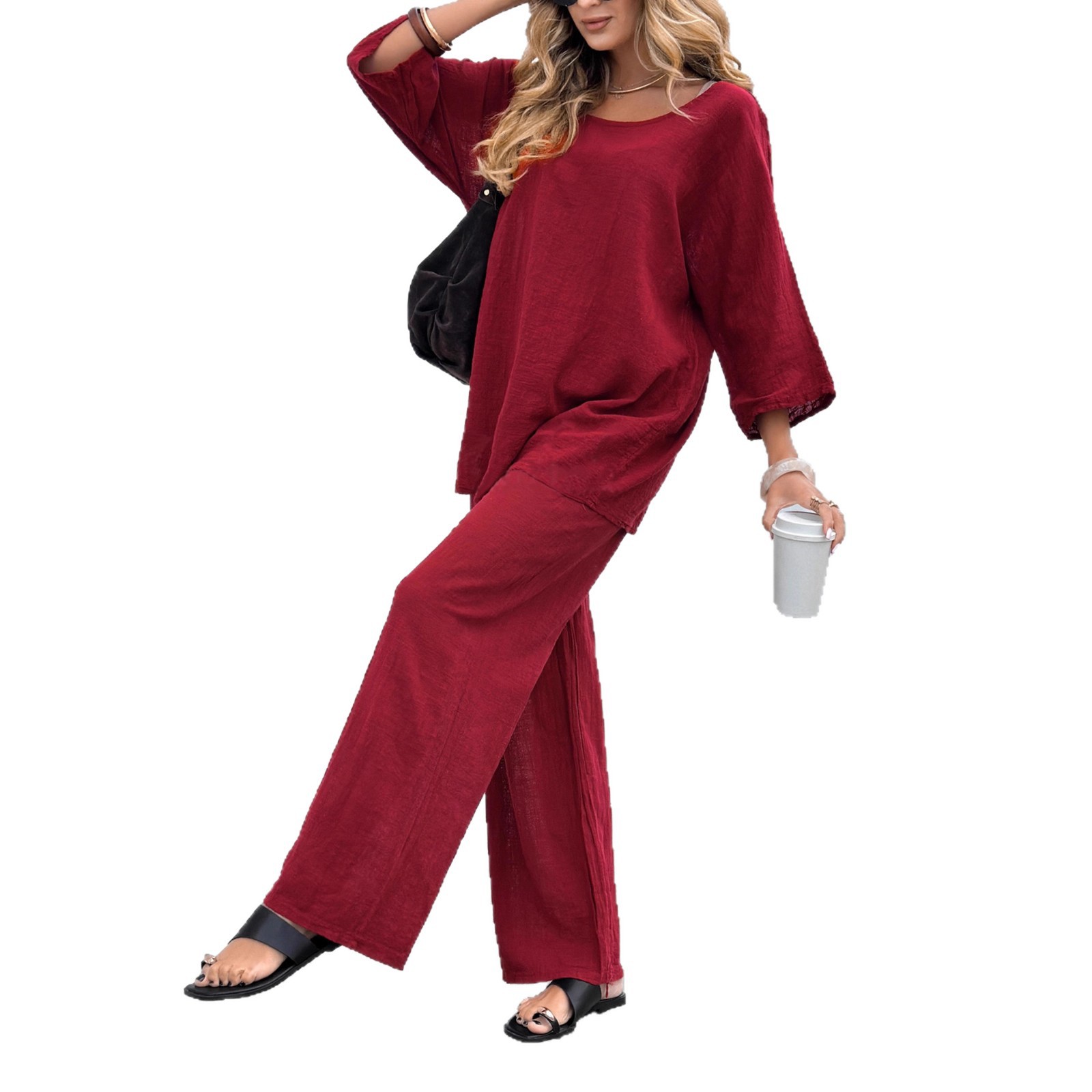 Women's Solid Color Crewneck Linen-Blend Top and Tie-Waist Pants 2-Piece Set