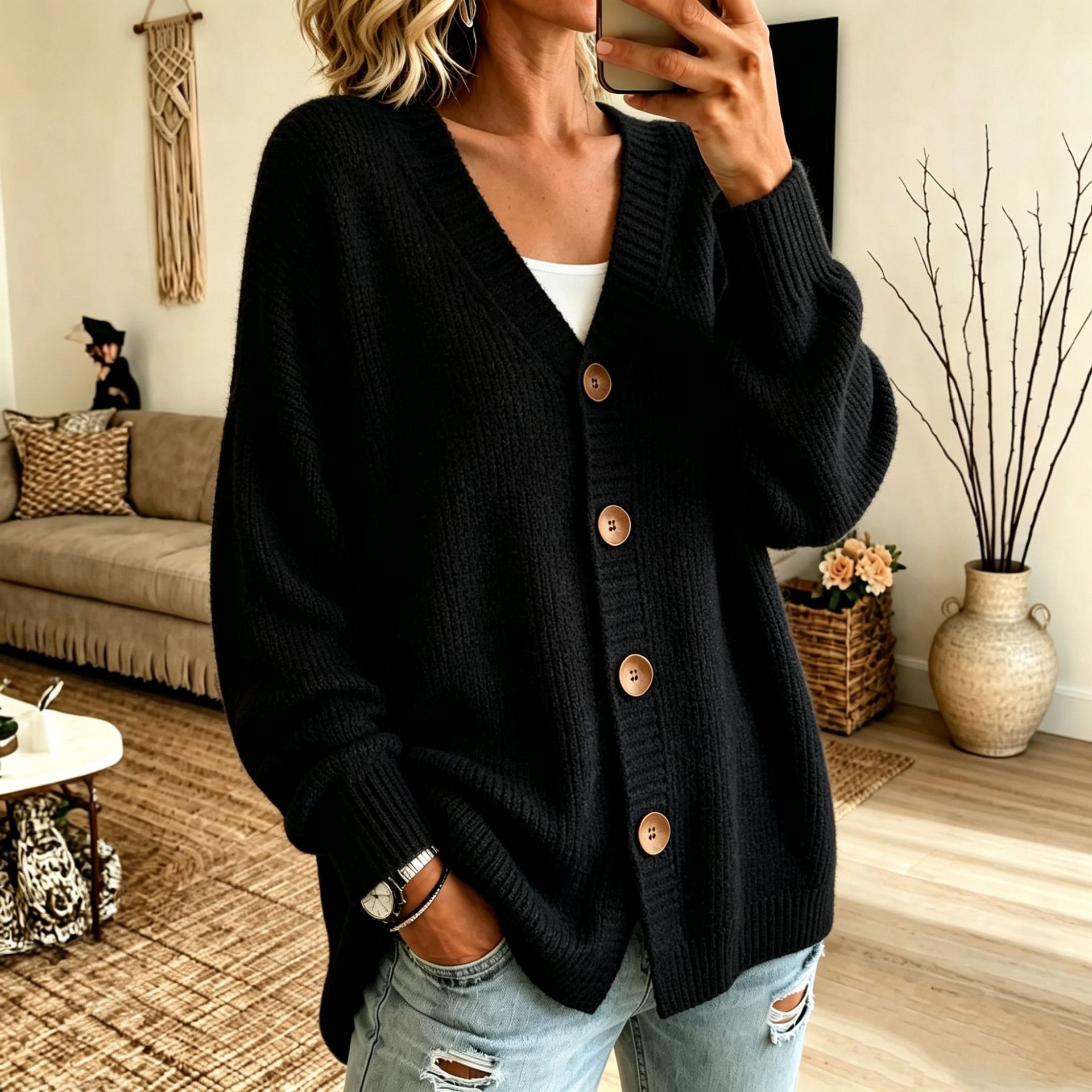 Women's Button-Front V-Neck Knit Cardigan Sweater