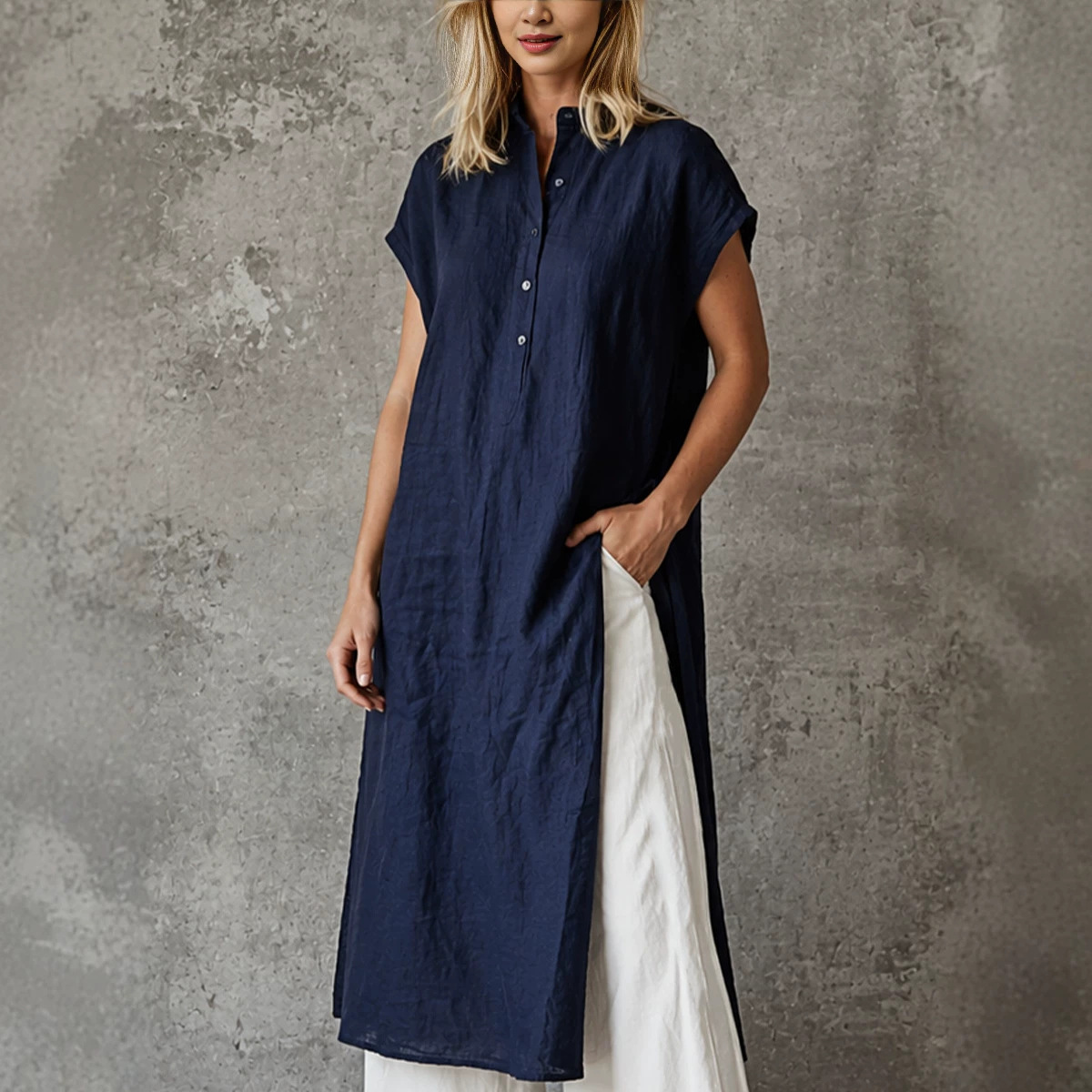 Solid Color Short Sleeve Loose Pocket Midi Skirt Set