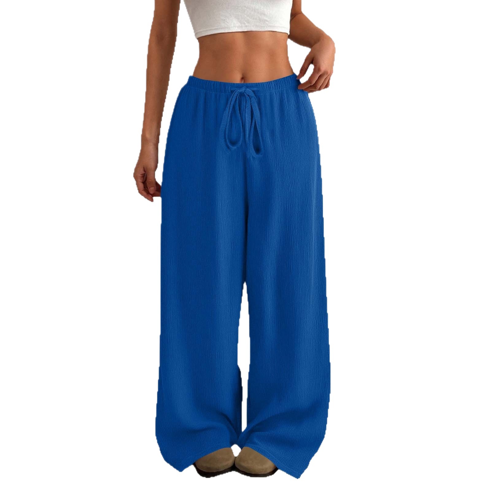 Women's Solid Crinkle Wide-Leg Pants with Drawstring Waist