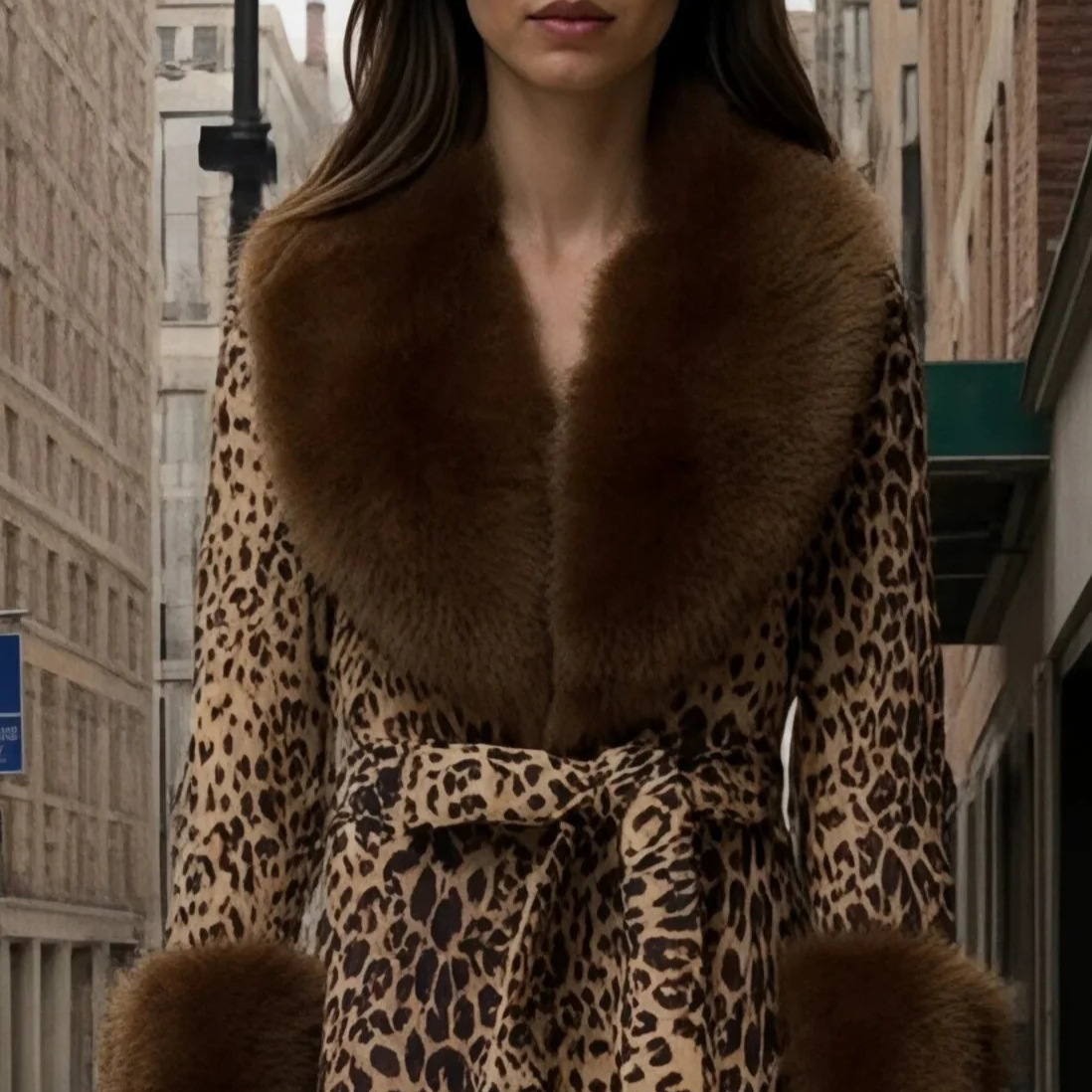 Leopard Print Digital Print Long Sleeve Faux Fur Collar Dress