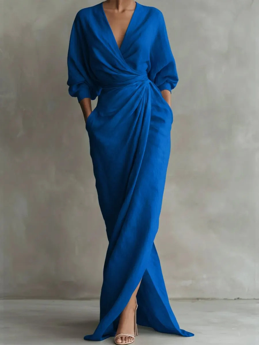 Elegant Solid V-Neck Long Sleeve Split Waist Pocket Long Dress