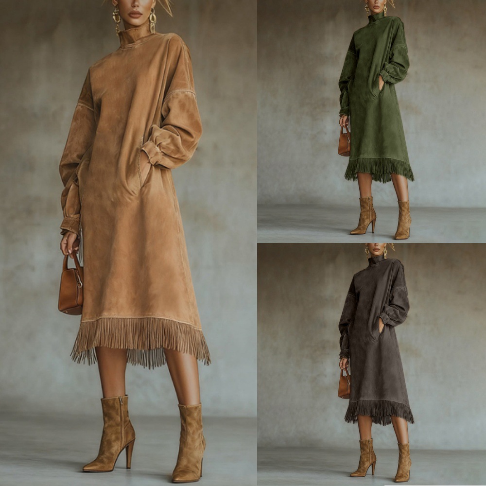High Neck Faux Suede Loose Fringe Pocket Long Sleeve Dress