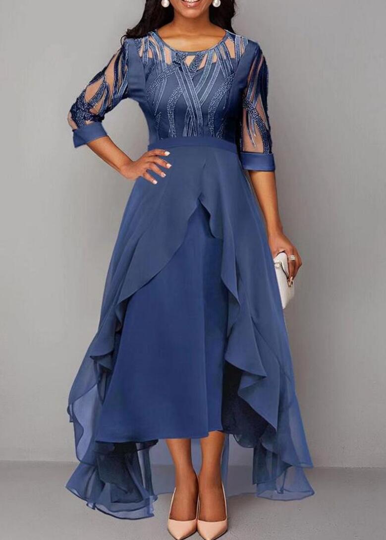 Women's Autumn Winter Midi Chiffon Dress Lace Spliced Round Neck Bridesmaid Evening Gown