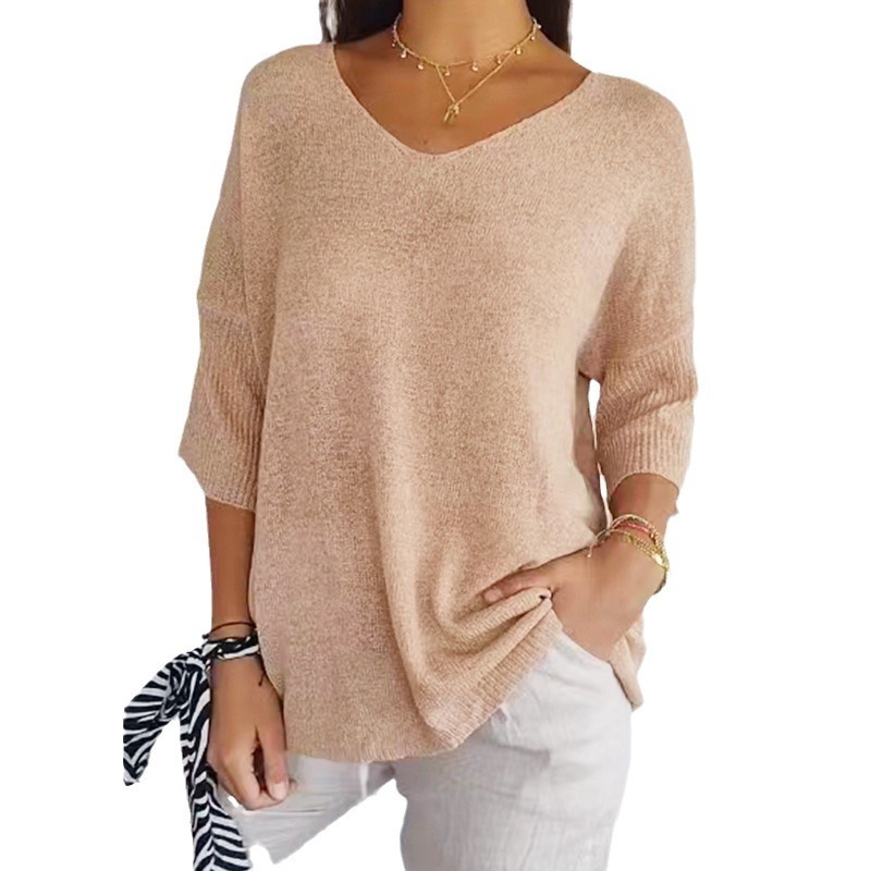 Women's V-Neck Solid Knit Top Slimming Casual Pullover