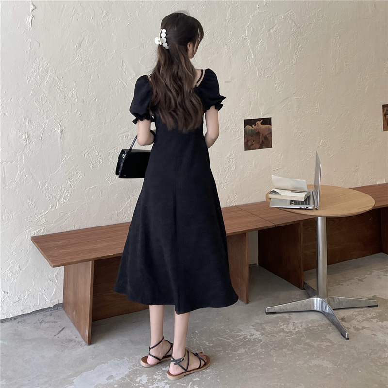 Square Neck Puff Sleeve Midi Dress Women's Black A-Line
