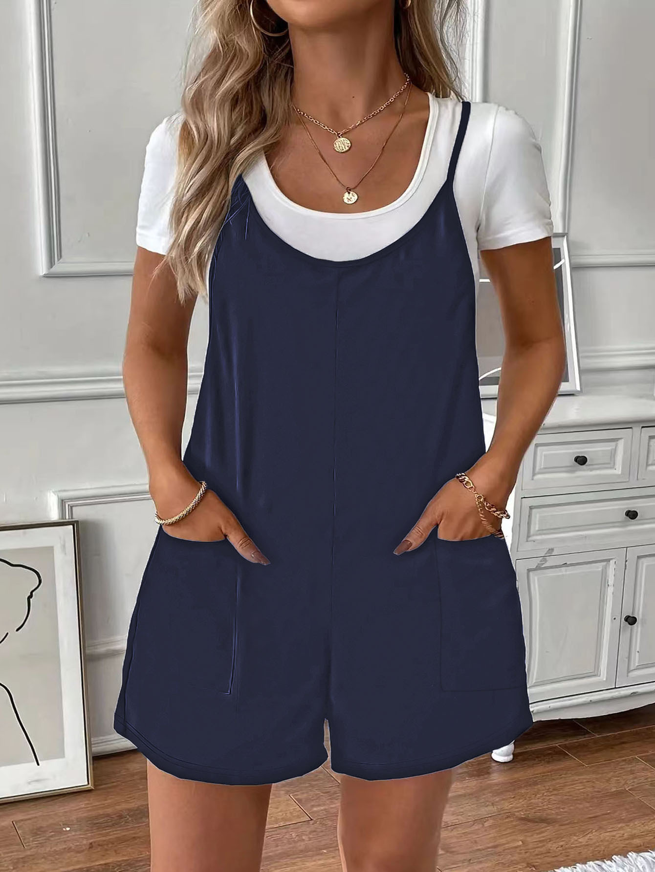 Solid Color Pocket Cami Romper Loose Casual Jumpsuit