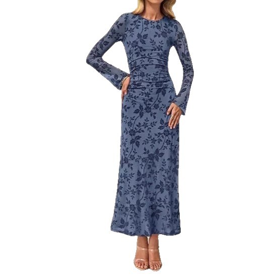 Women's Printed Mesh Bodycon Midi Dress Slim Fit High Waist Long Sleeve