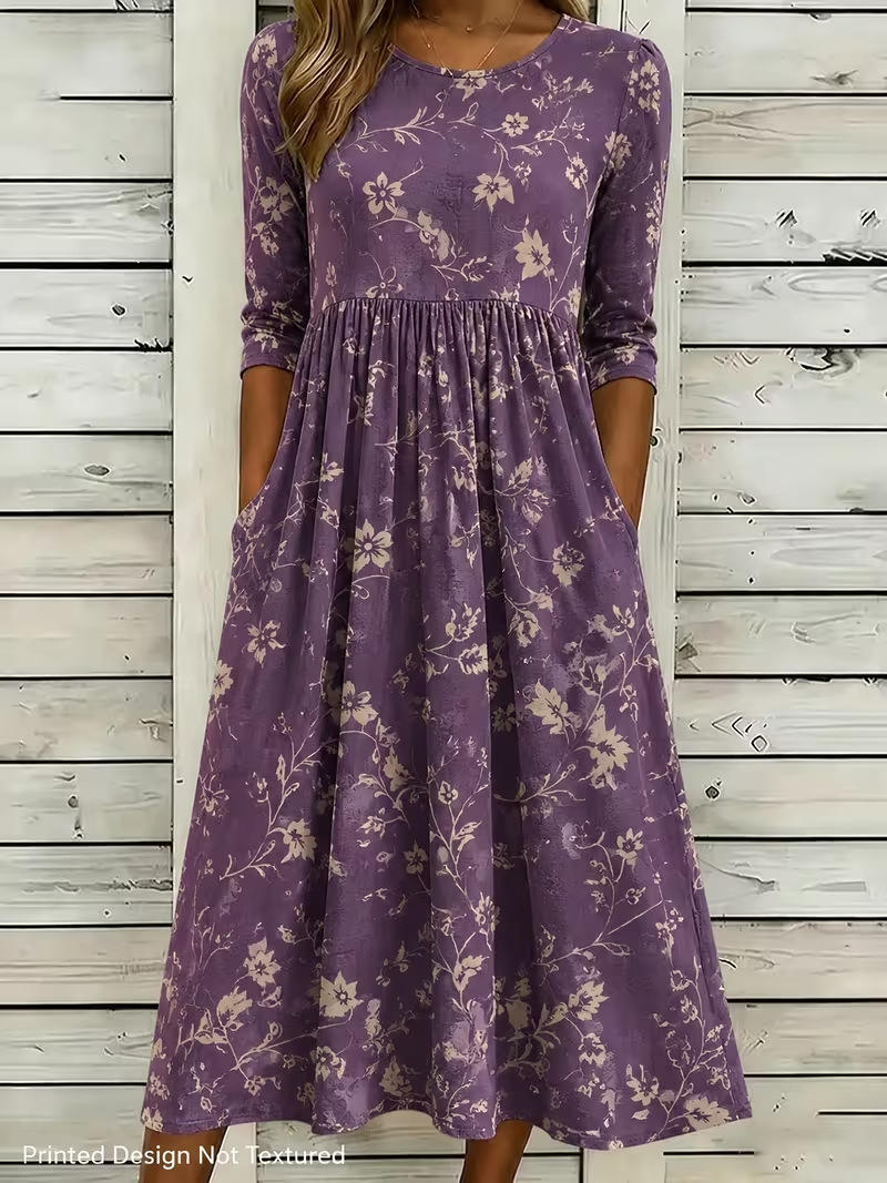 Women's Vintage Floral Print Pleated Midi Dress