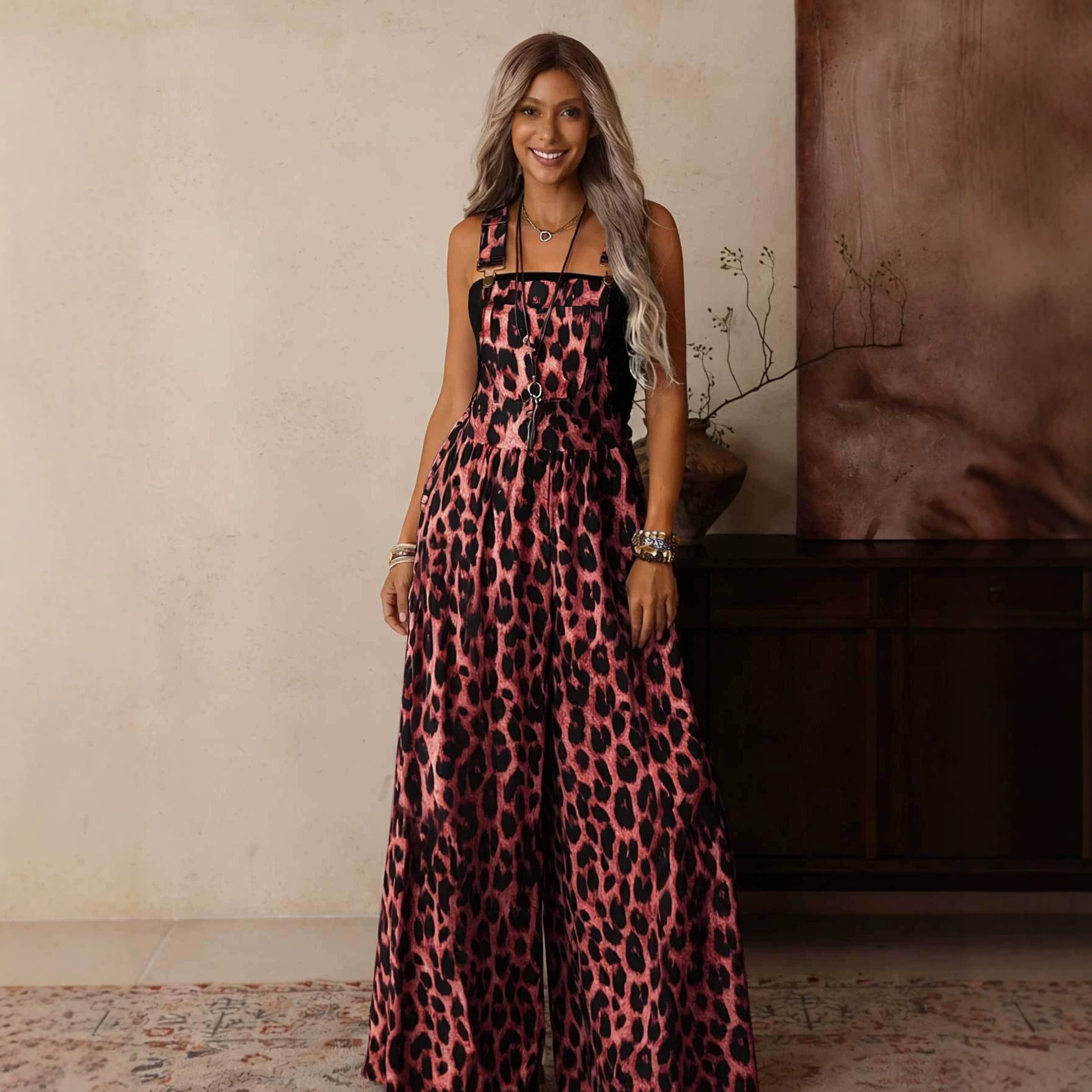 Women's Leopard Print Wide-Leg Jumpsuit with Adjustable Straps