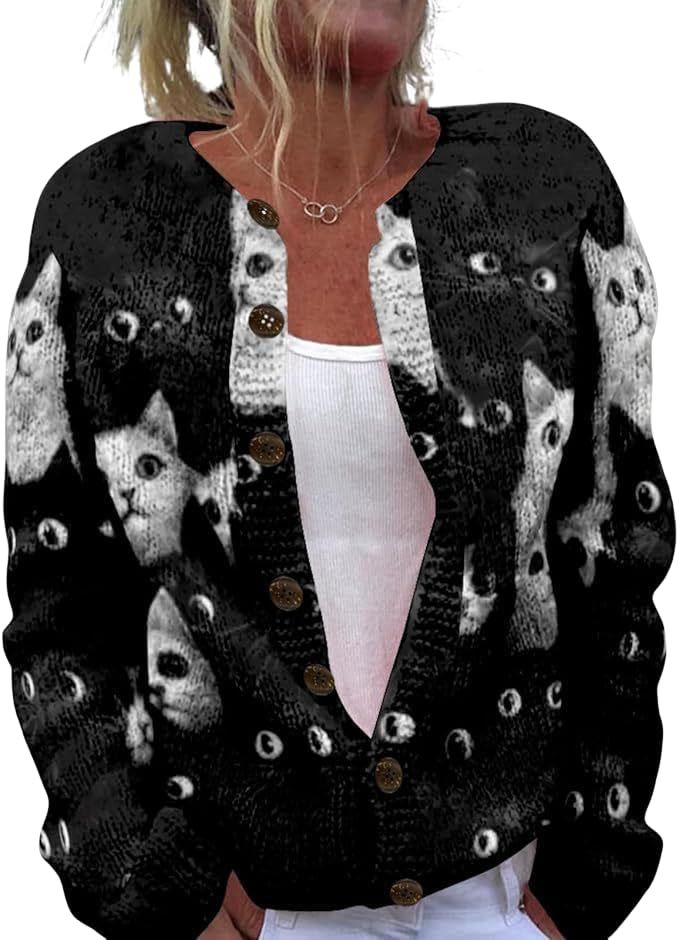 Women's Animal Pumpkin Maple Leaf Print Button Cardigan