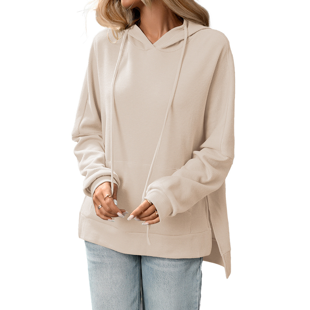 Waffle Knit Hooded Sweatshirt Women's Long Sleeve Pullover