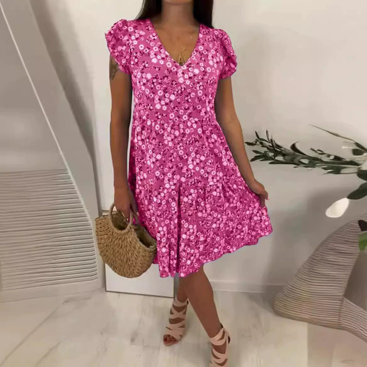 Women's Floral Print V-Neck Short Sleeve Midi Dress