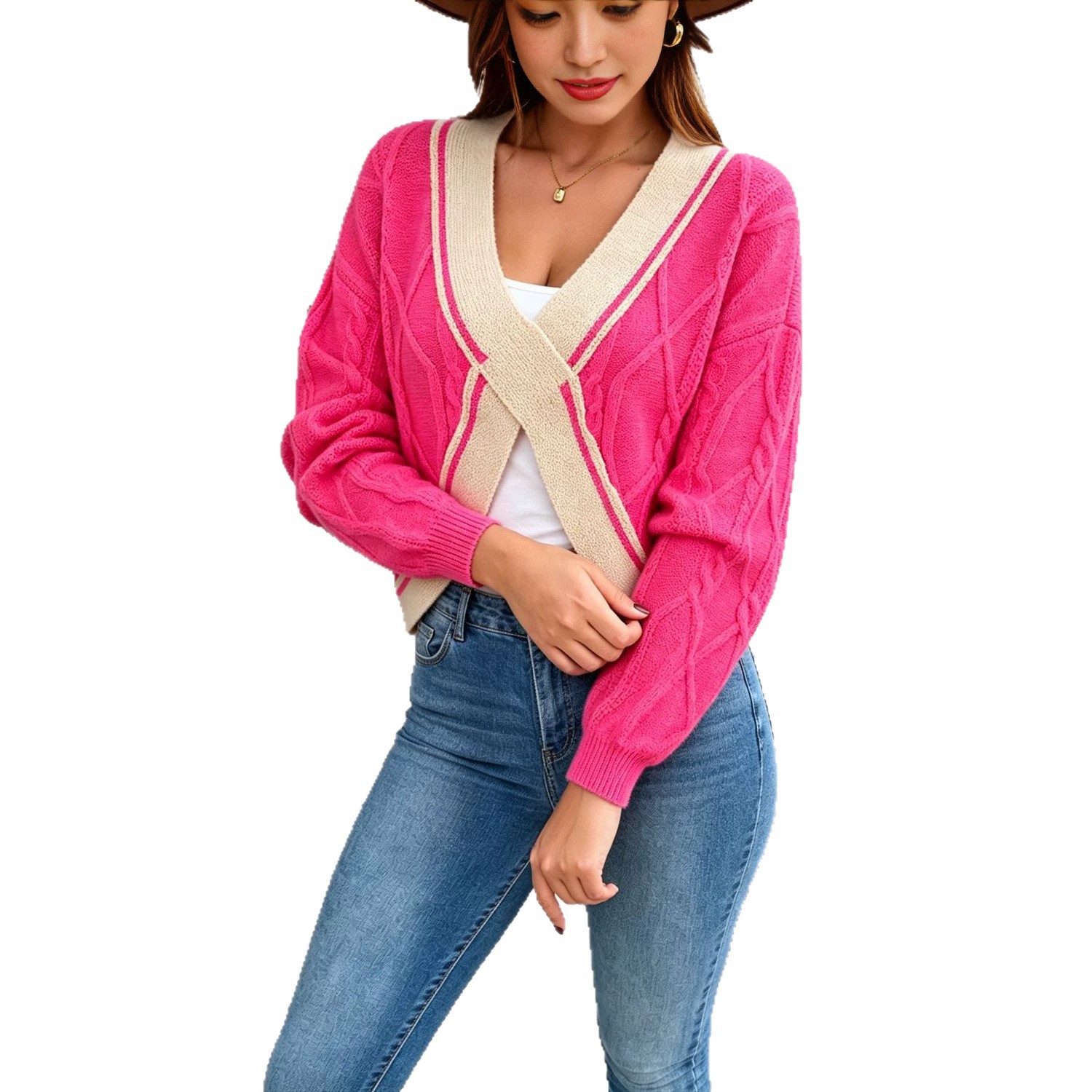 Women's Cropped Knit Sweater Colorblock V-Neck Pullover