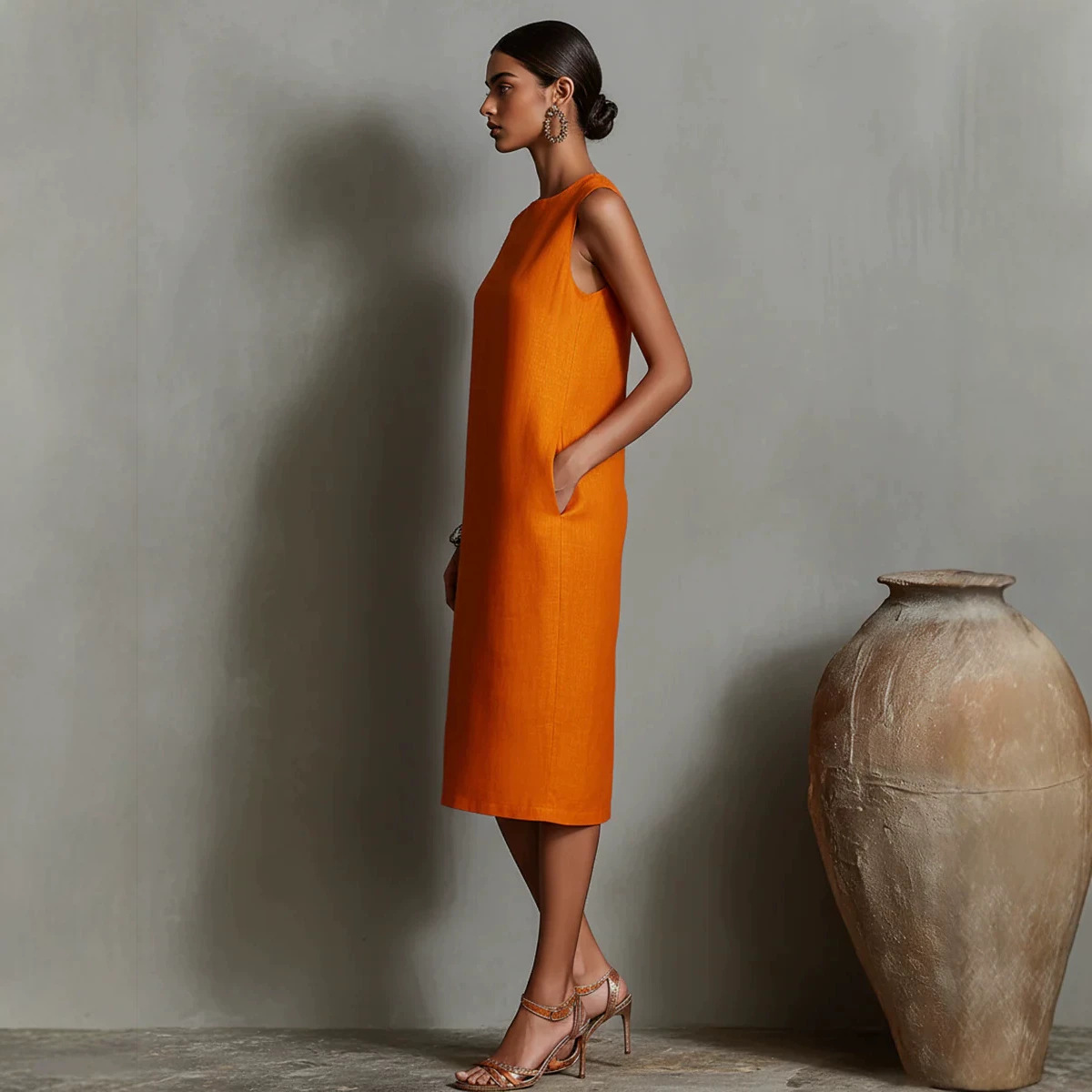 Women's Sleeveless Linen-Blend Midi Dress Round Neck A-Line