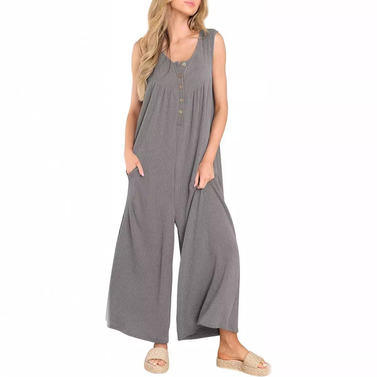 Women's Sleeveless Pocket Jumpsuit Casual Straight Leg
