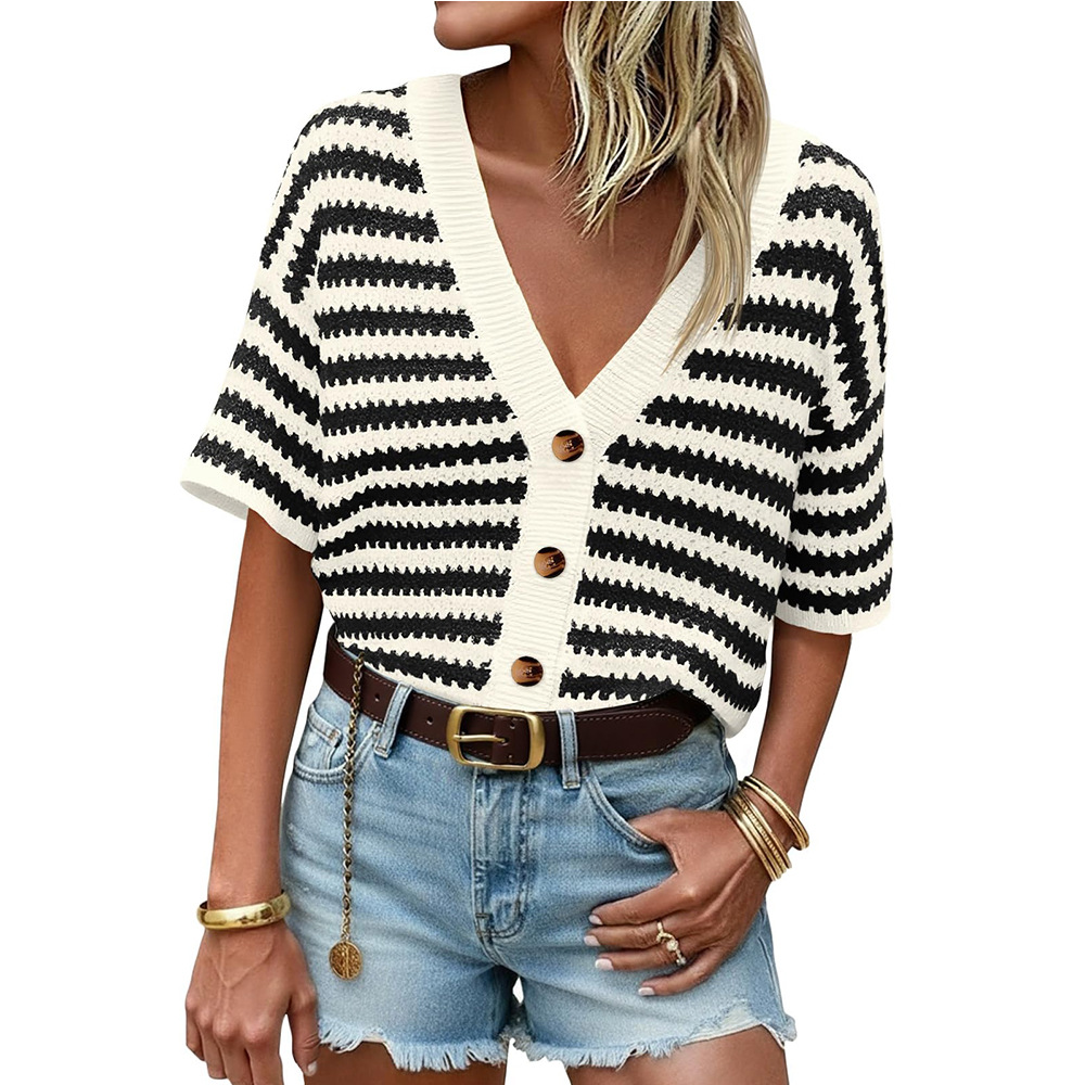 V-Neck Striped Knit Cardigan Short Sleeve Hollow-Out Casual Top