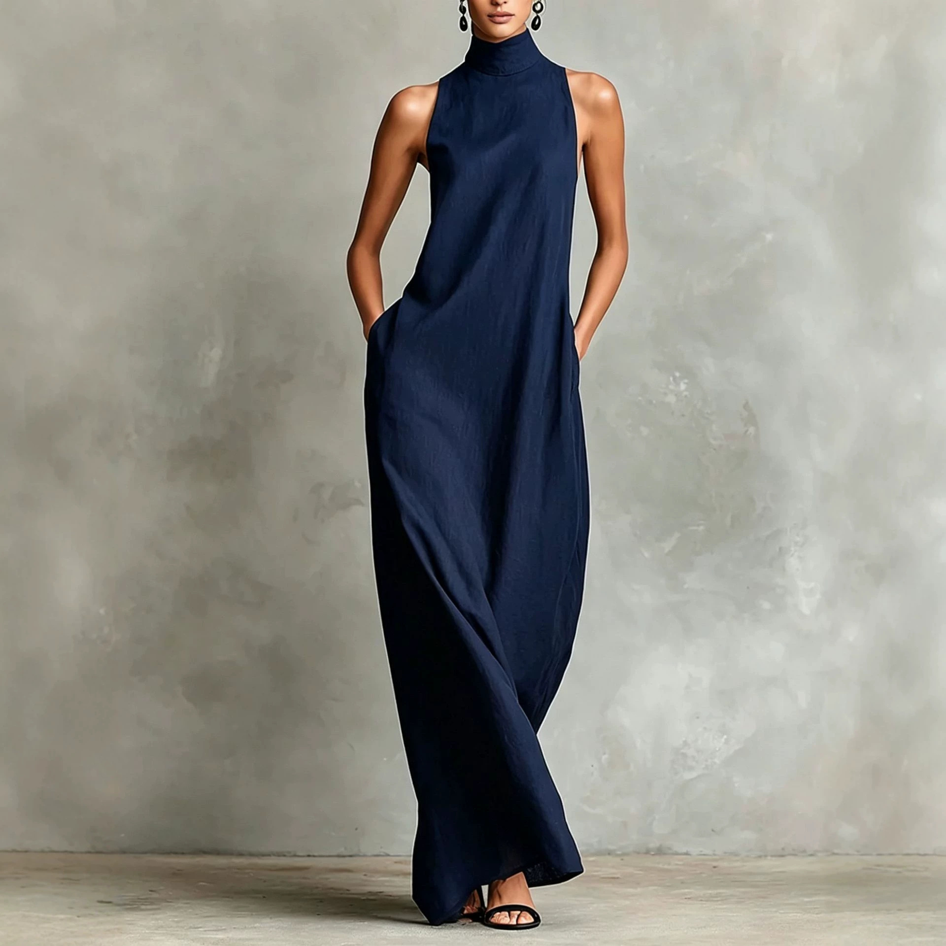 Linen High Neck Sleeveless A-Line Maxi Dress