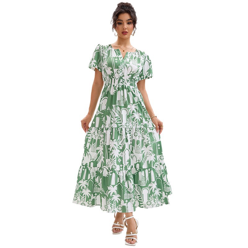 Floral Geometric Print V-Neck Bubble Sleeve Cinched Waist Layered Dress