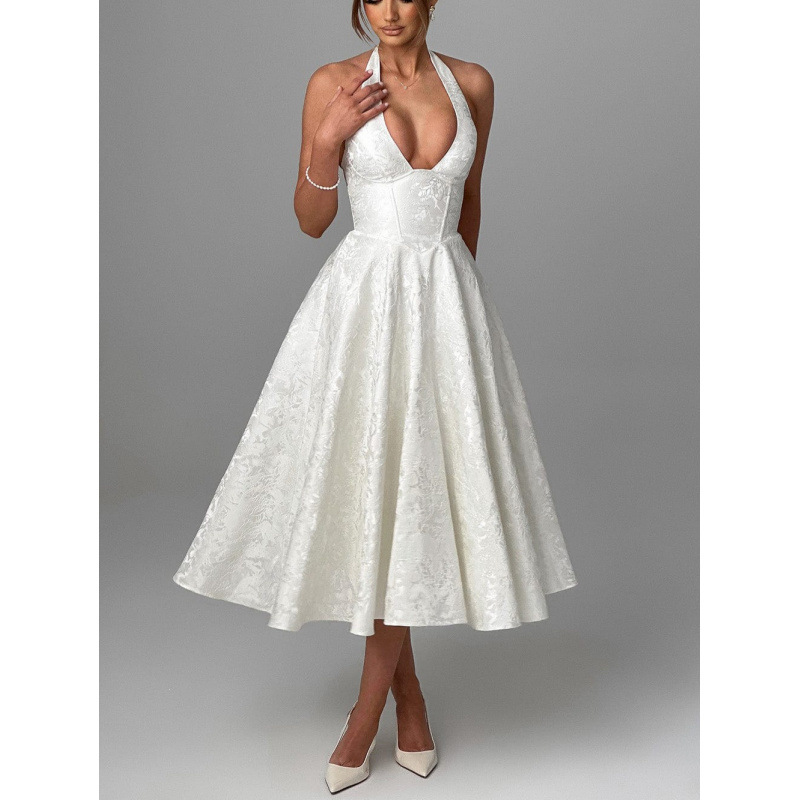 V-Neck Halter Jacquard Evening Dress Sleeveless Open-Back A-Line Long Gown