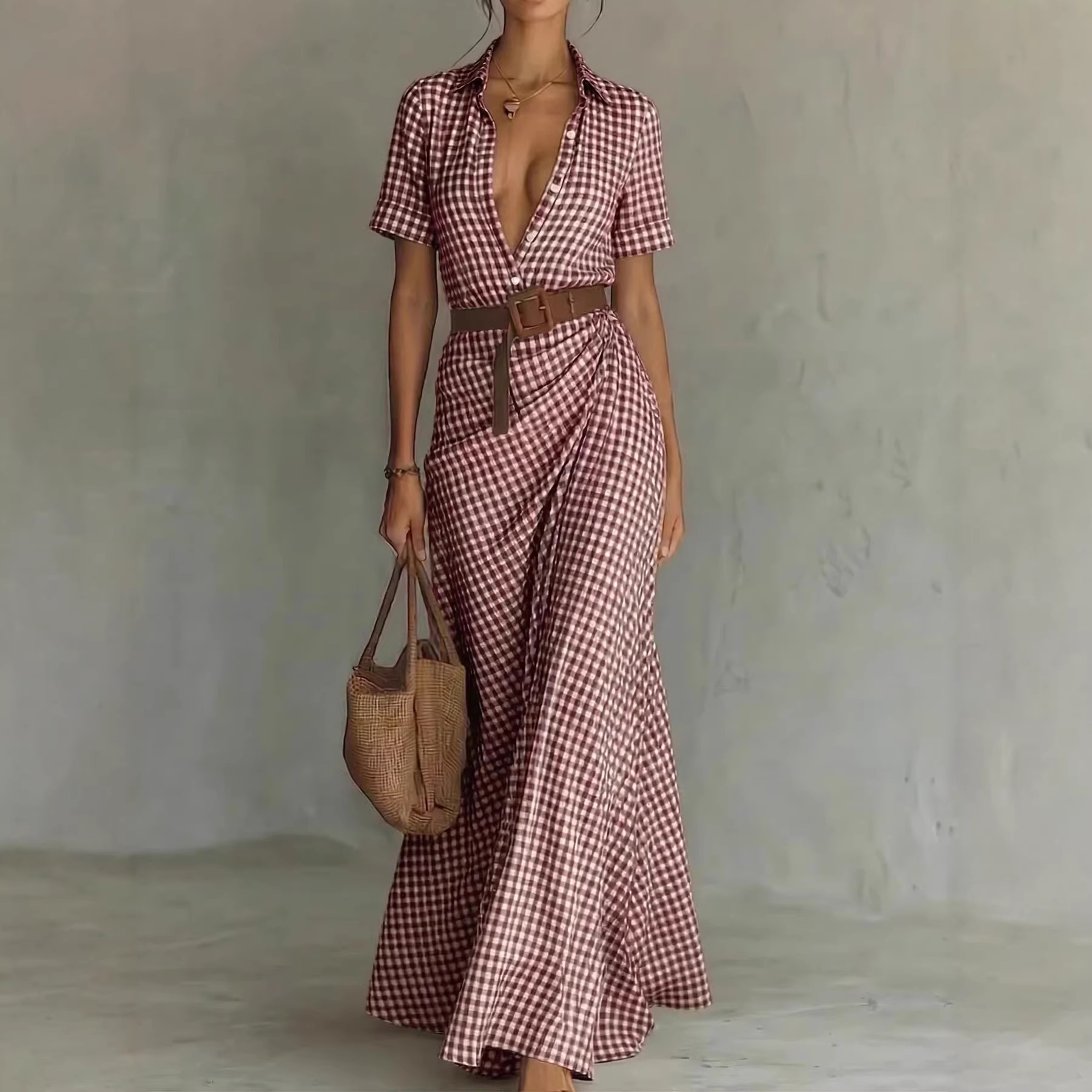 Elegant Plaid Irregular Ruffle Dress with Belt