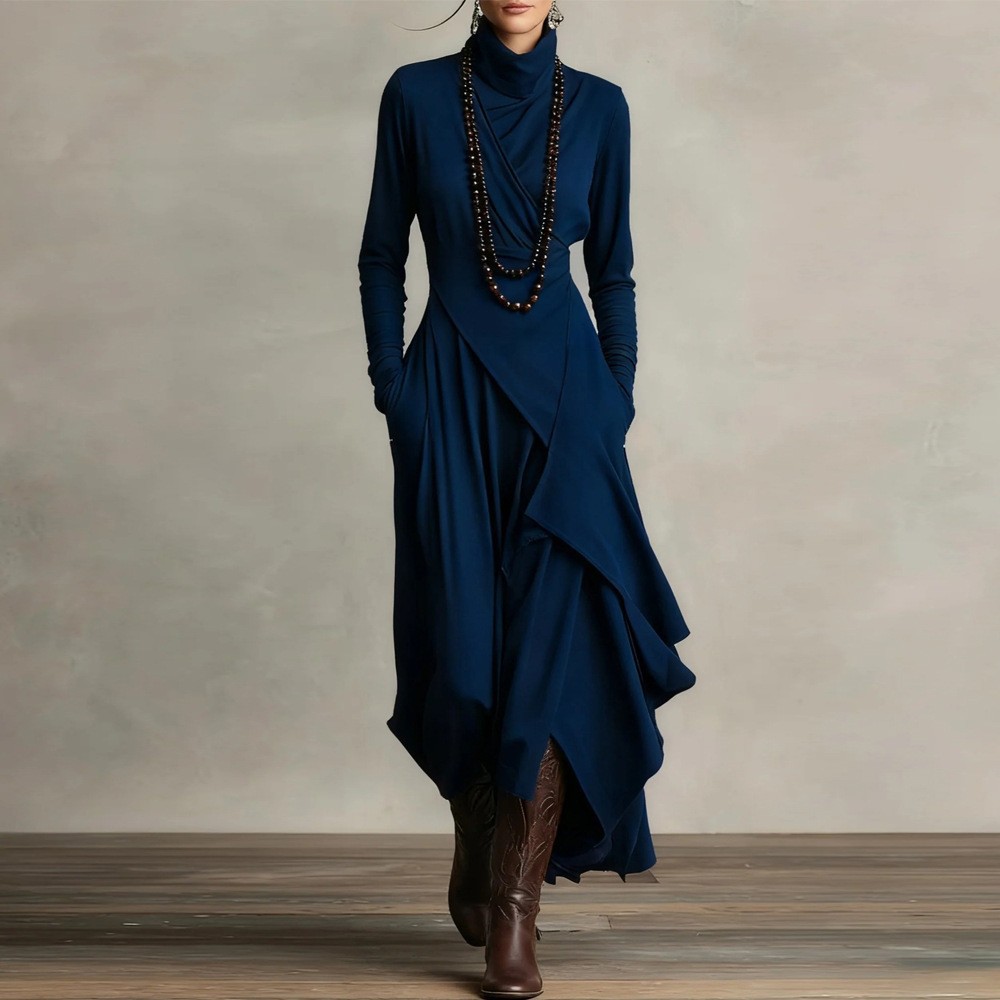 Women's Solid Long Sleeve High Neck Asymmetrical Dress