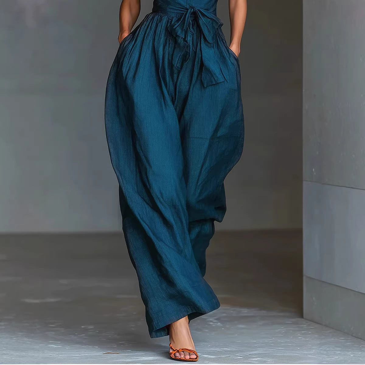 Sleeveless Halter Tie Solid Color Pocket Jumpsuit Long Pants