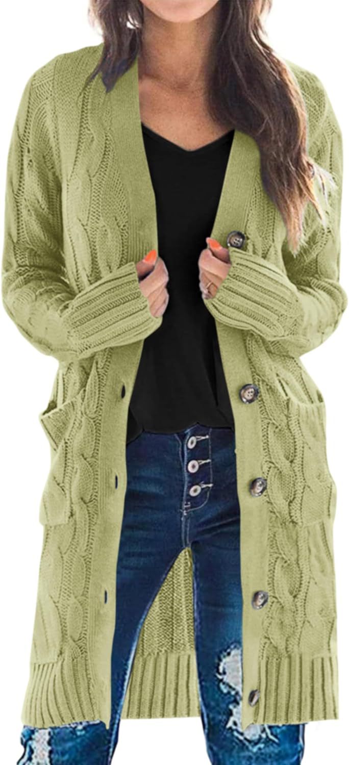 Solid Cable-Knit Long Cardigan with Pockets