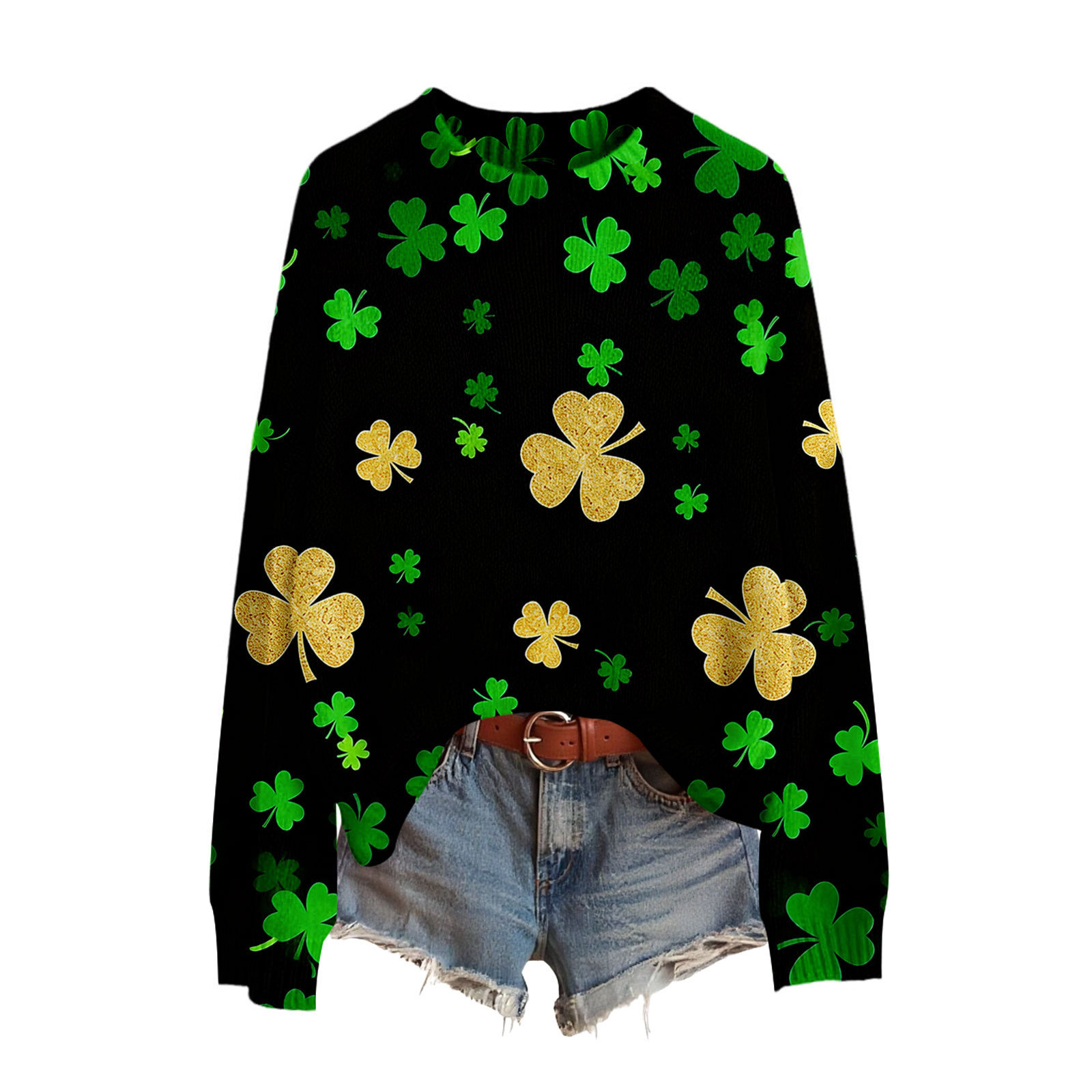 Lucky Clover Print Crewneck Sweatshirt for Women Casual Pullover