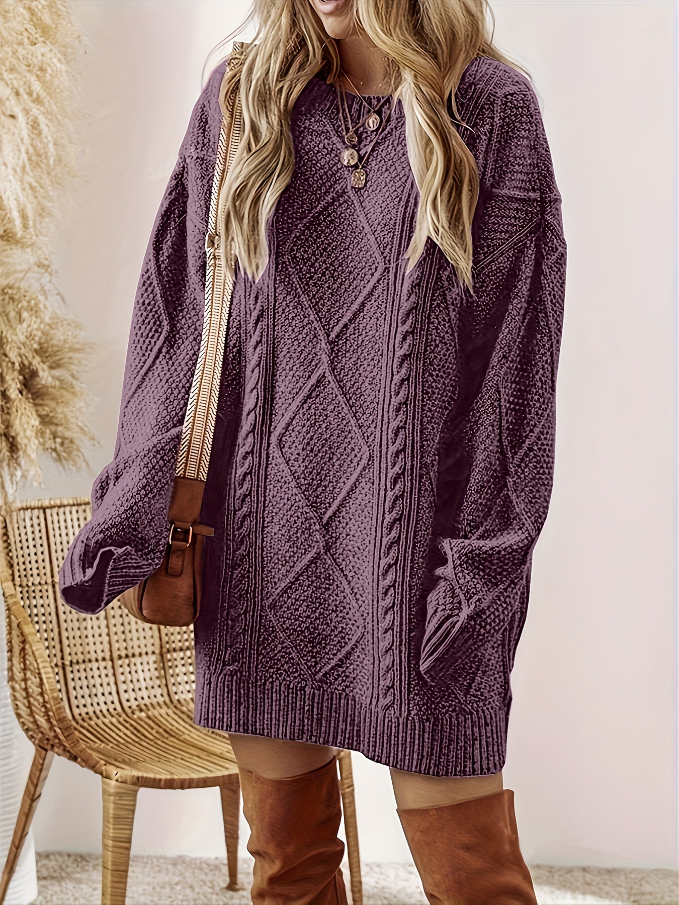 Cable-Knit Sweater Dress Relaxed Crew Neck Knee-Length
