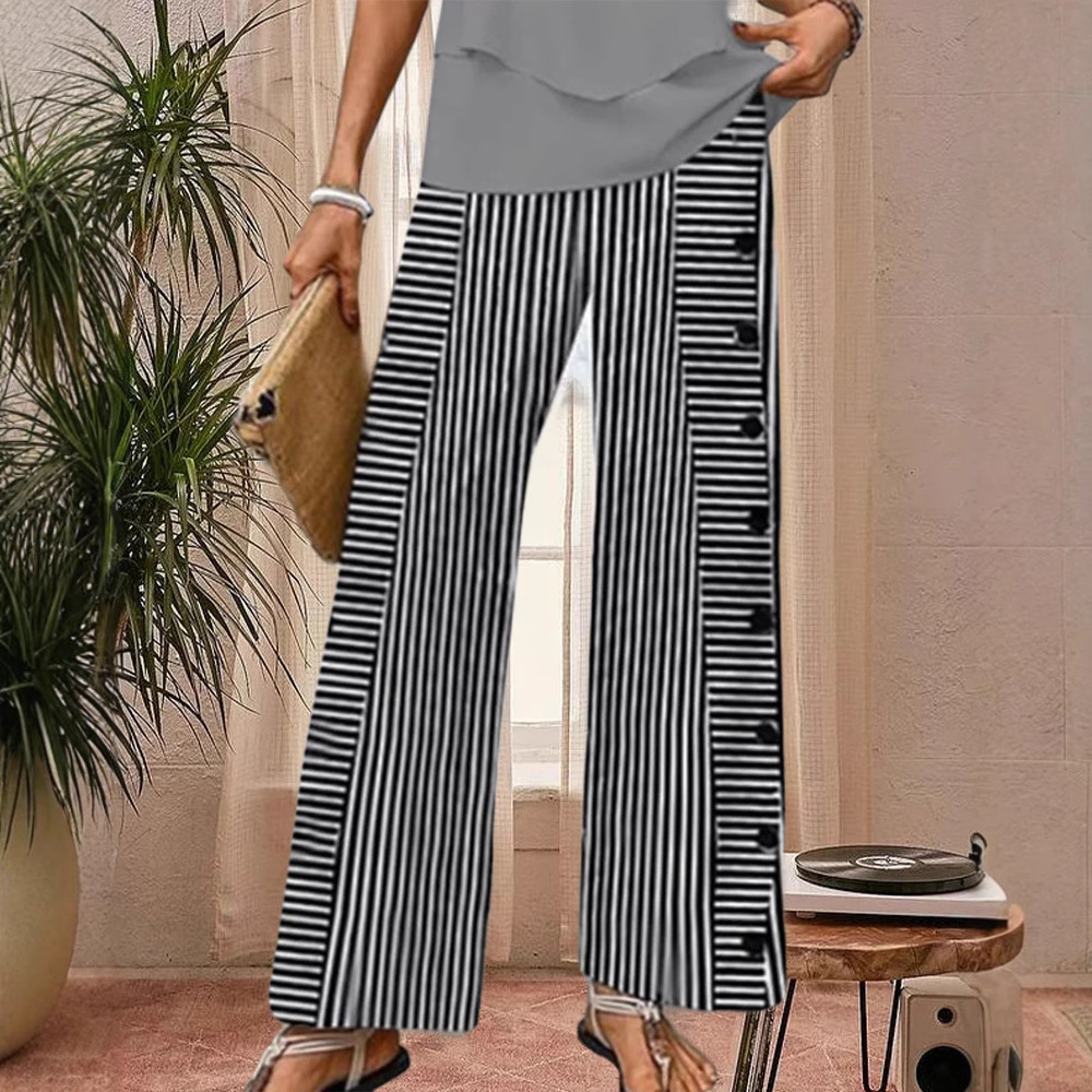 Women's Striped Wide-Leg Button Casual Straight Pants