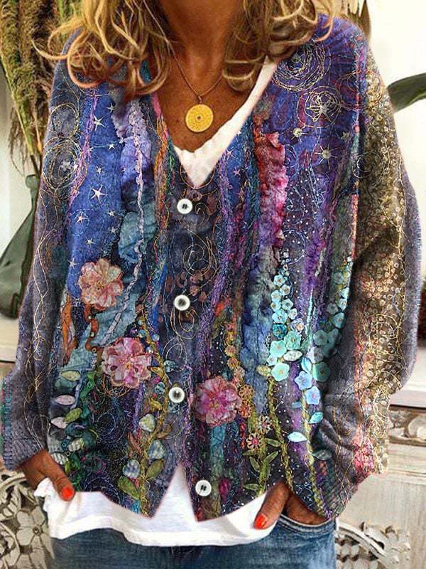 Abstract Print Open-Front Cardigan Sweater