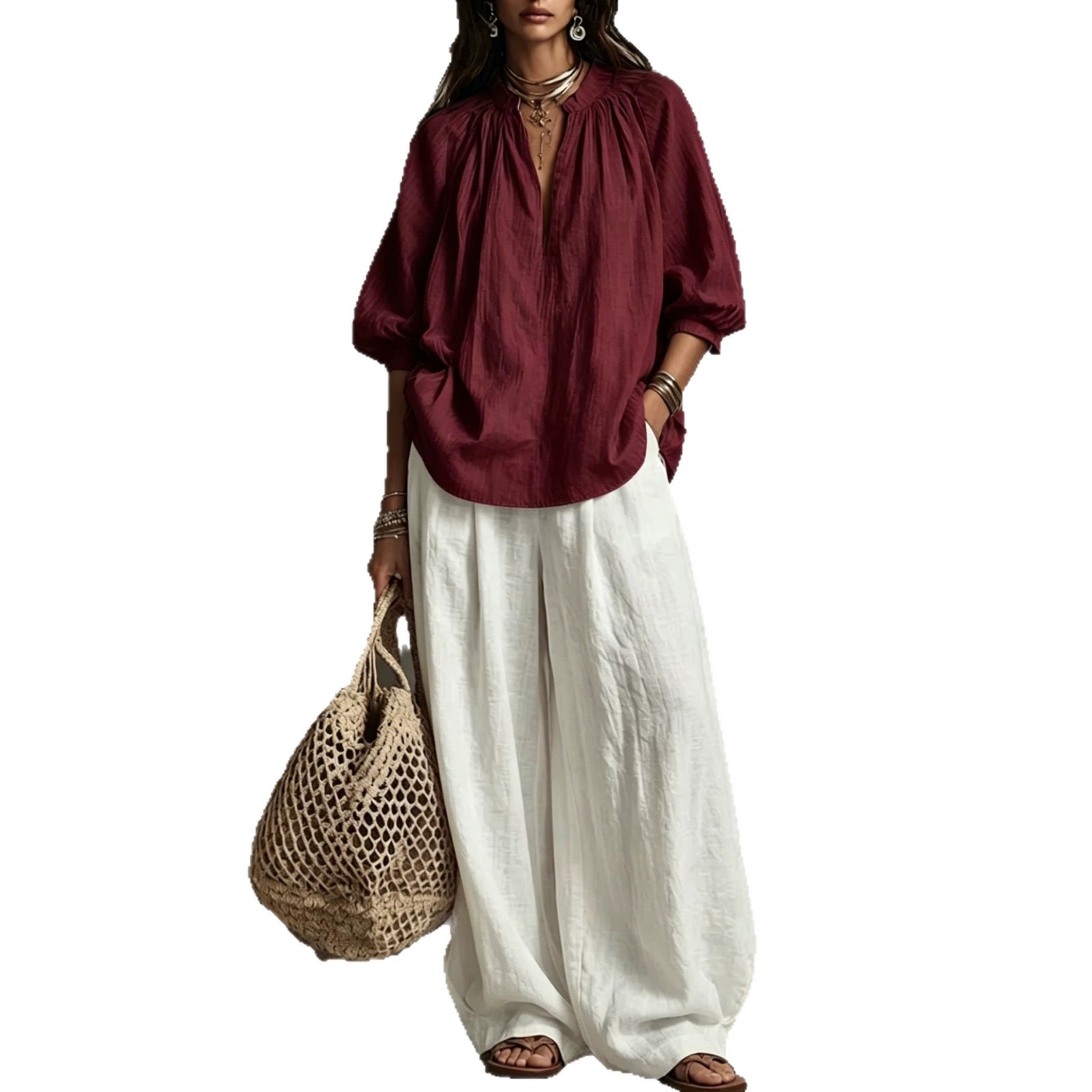 Boho V-Neck 3/4 Sleeve Shirt & Wide-Leg Pants Set