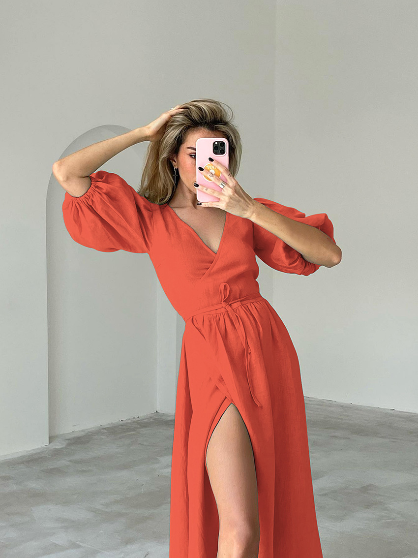 Tie-Front Cotton Puff-Sleeve V-Neck A-Line Midi Dress