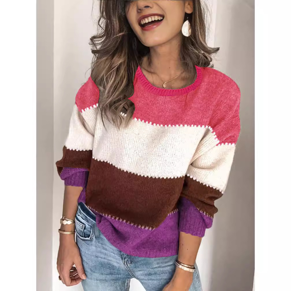 Women's Color-Block Crewneck Midi Loose Knit Sweater