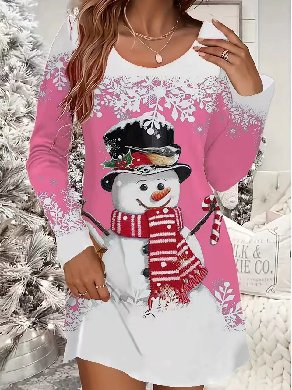 Christmas Snowflake & Tree Print Long Sleeve Crew Neck Dress