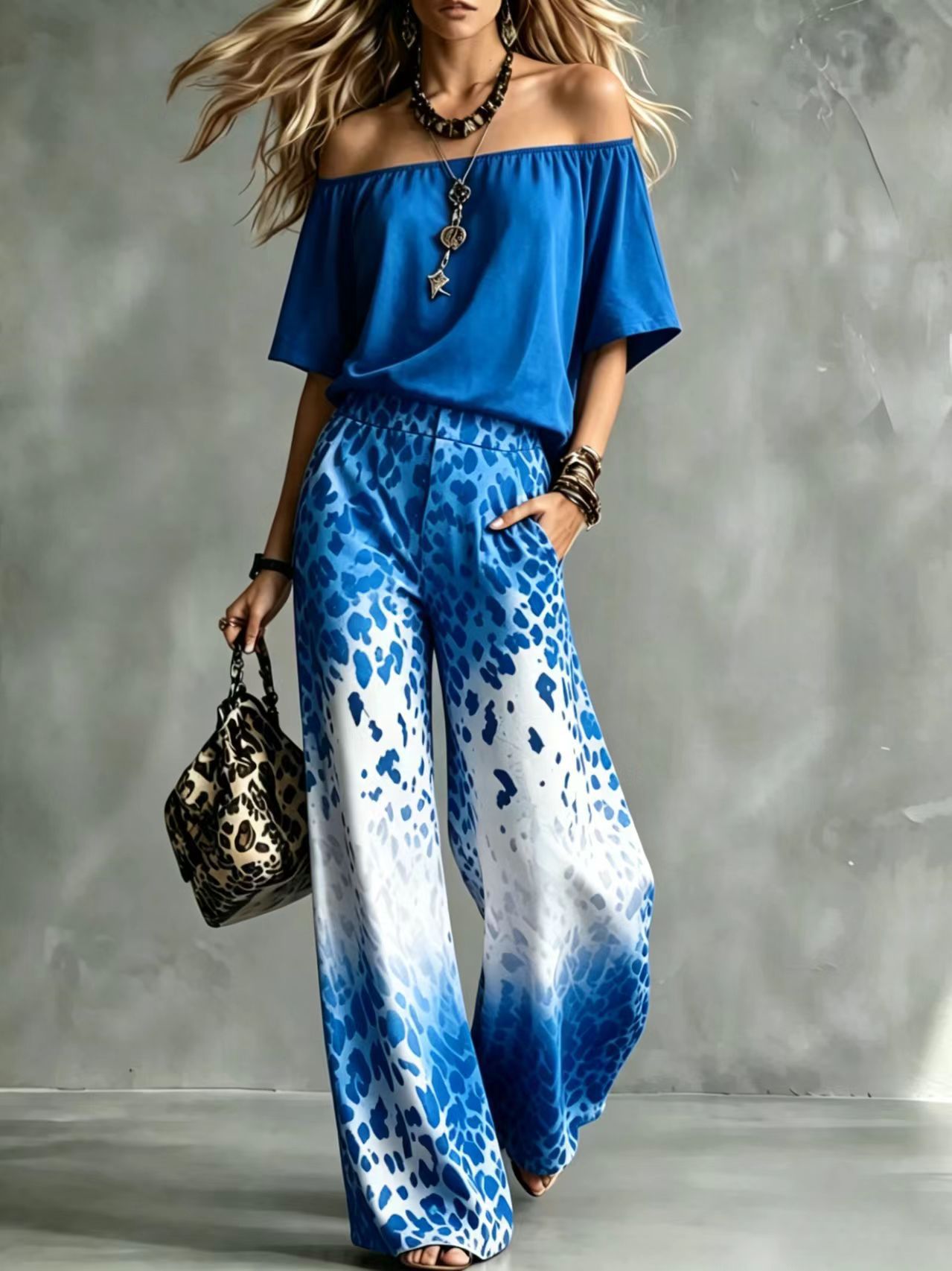 Leopard Gradient Off-Shoulder Top & Wide-Leg Pants Set