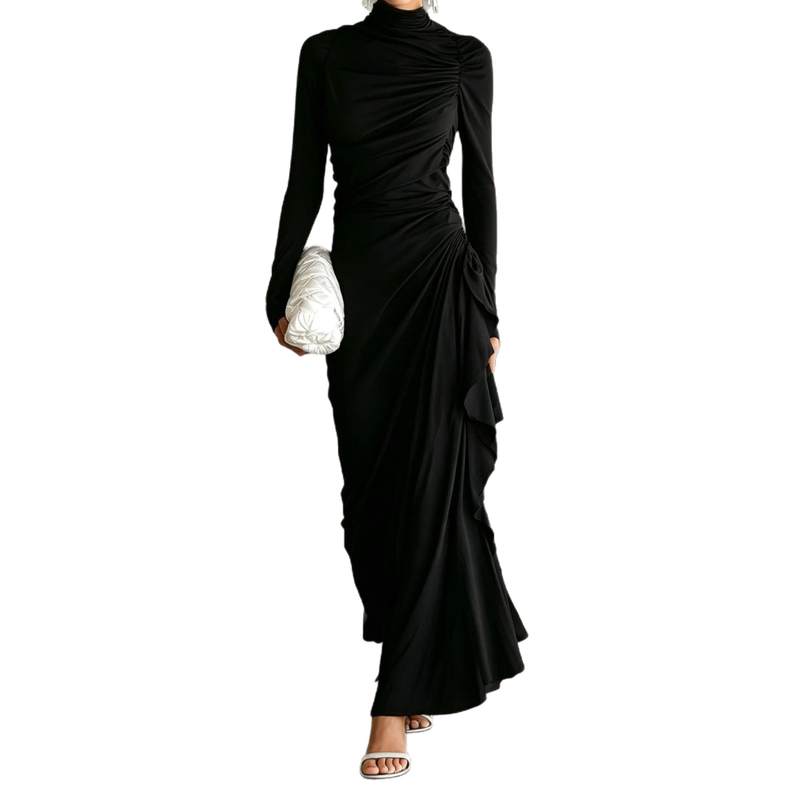 High-Neck Ruched Bodycon Long-Sleeve Dress