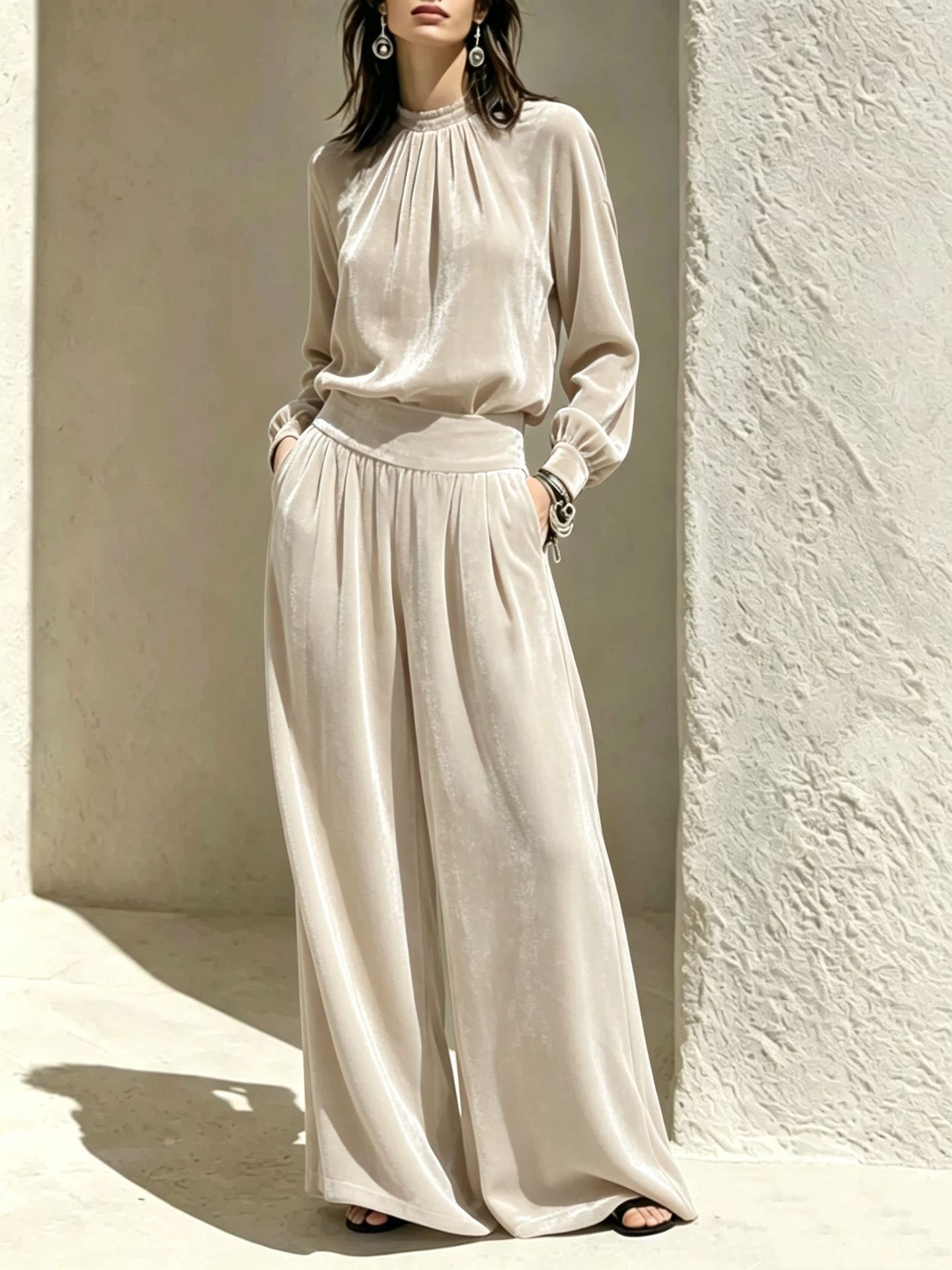 Wide-Leg Velvet Two-Piece Set with Long-Sleeve Top