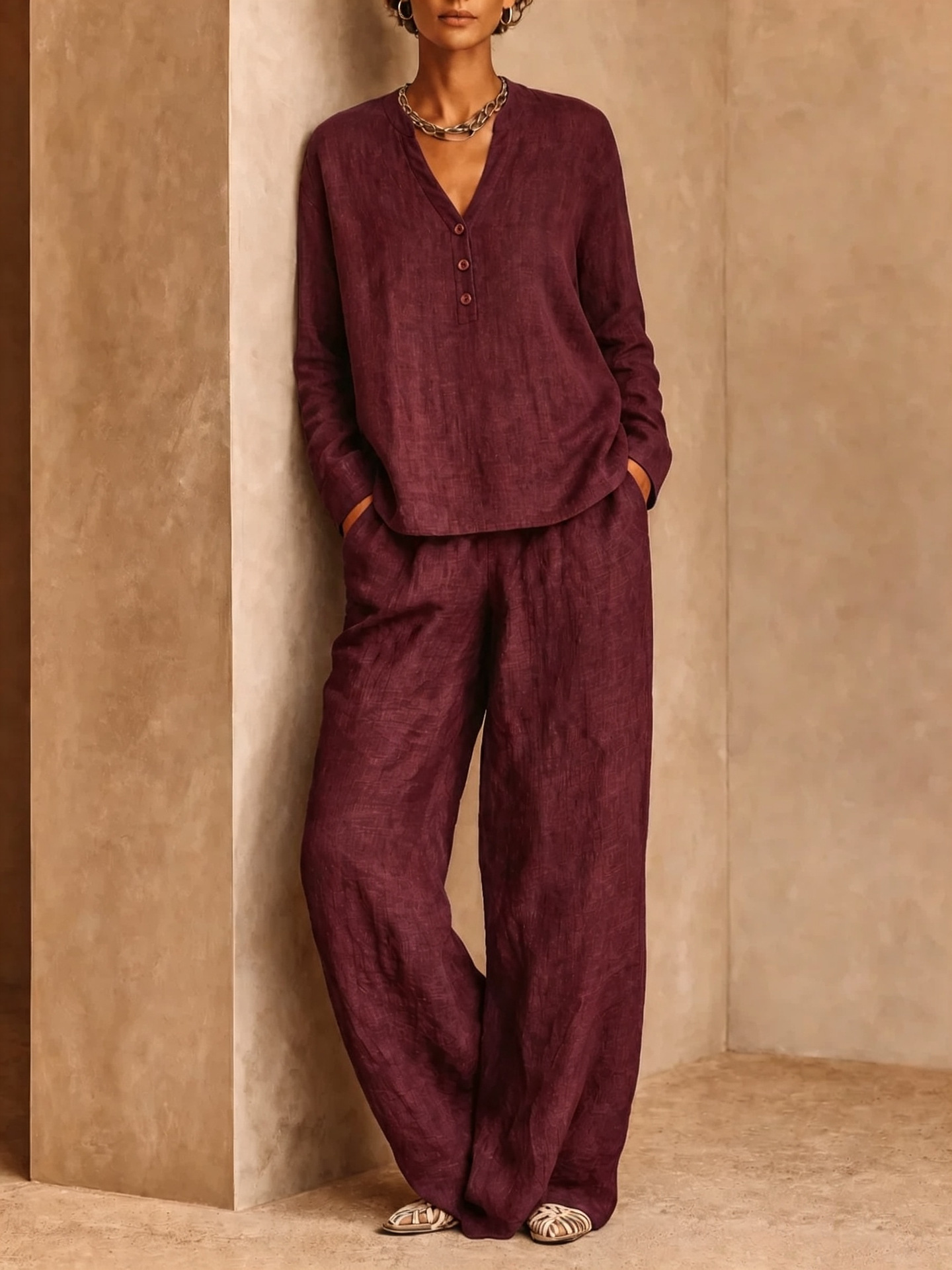 Women's V-Neck Button Solid Long Sleeve Top & Wide-Leg Pants 2-Piece Set